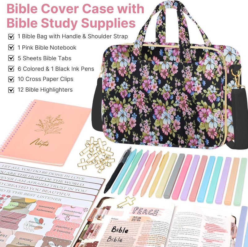 PUGPIU Bible Cover Case for Women, Large Quilted Bible Bag with Shoulder Strap and Handle, Bible Study Supplies Journaling Kit with Highlighters Pens No Bleed Tabs Notebook Cross Clips (Floral) - Image 2